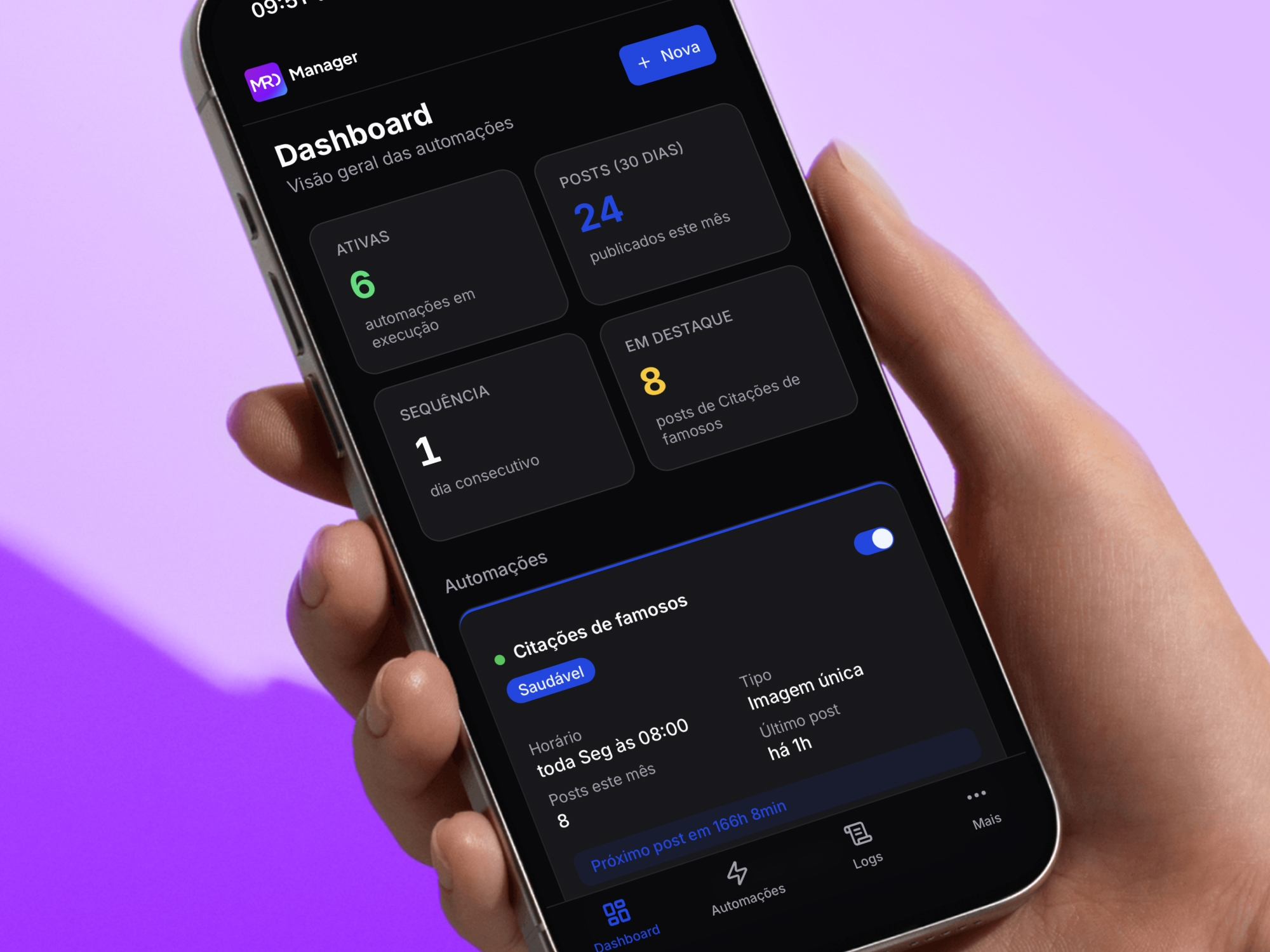 MRO Manager no iPhone: dashboard de automações